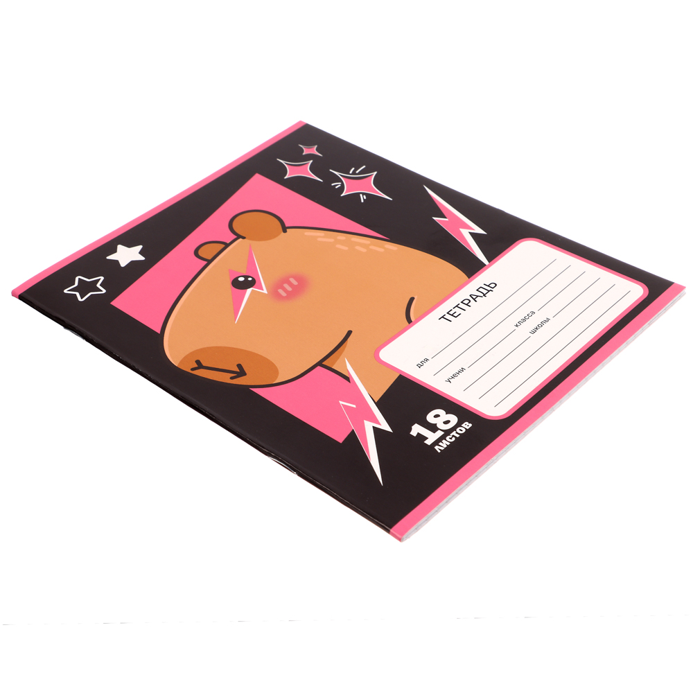 Тетрадь школьная 18л. в клетку, БЕЛЫЕ ЛИСТЫ, обл. картон 190г/м2, "Капибара" 4 диз., арт.№ 579-035