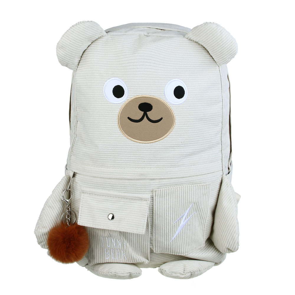 Рюкзак подростковый 44x30x13см, 1 отд., 5 карм., вышивка, декор "мишка", брелок, вельвет, молочный, арт.№ 254-724