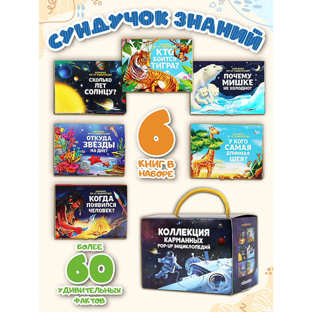 Набор 6 книг "Карманная POP-UP энциклопедия, 12х8,5х8,5 см, картон, 10 стр., 2 дизайна, арт.№ 857-171