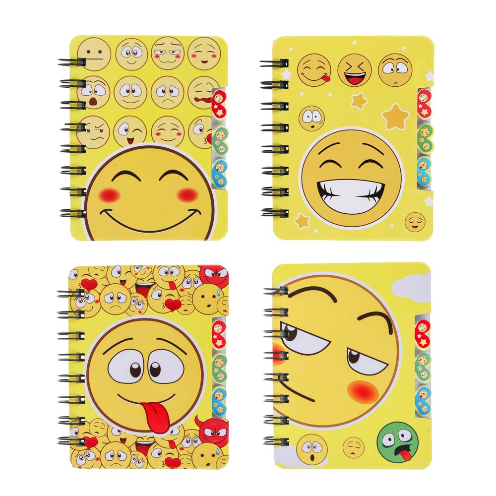 Записная книжка 12х9,3см, 57 листов, "Смайлики", картон, спираль, 3 цветных разделителя, 4 дизайна, арт.№ 557-002