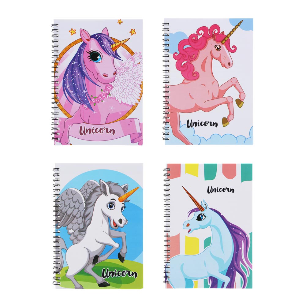 Записная книжка А5, 21х14,5см, 44 листа, "Единороги", картон, спираль, 4 дизайна, арт.№ 557-011