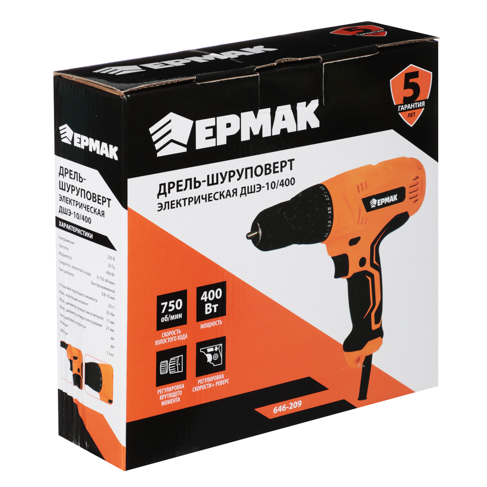 ЕРМАК Дрель-шуруповерт электр. ДШЭ-10/400, 400 Вт, 0-750 об/мин, арт.№ 646-209