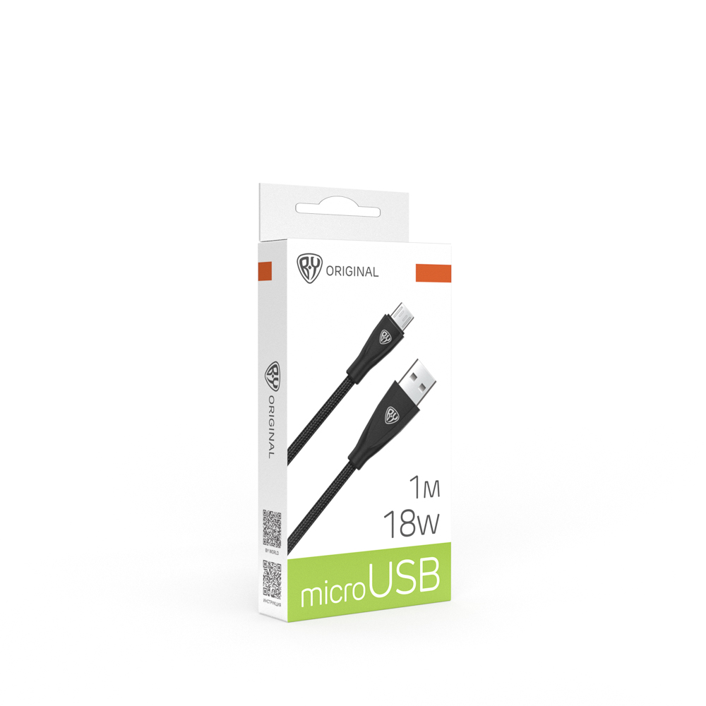 Кабель для зарядки USB(A)-microUSB BY Nylon Pro, 18Вт, 1 м, 3A, нейлон, черный, арт.№ 931-627