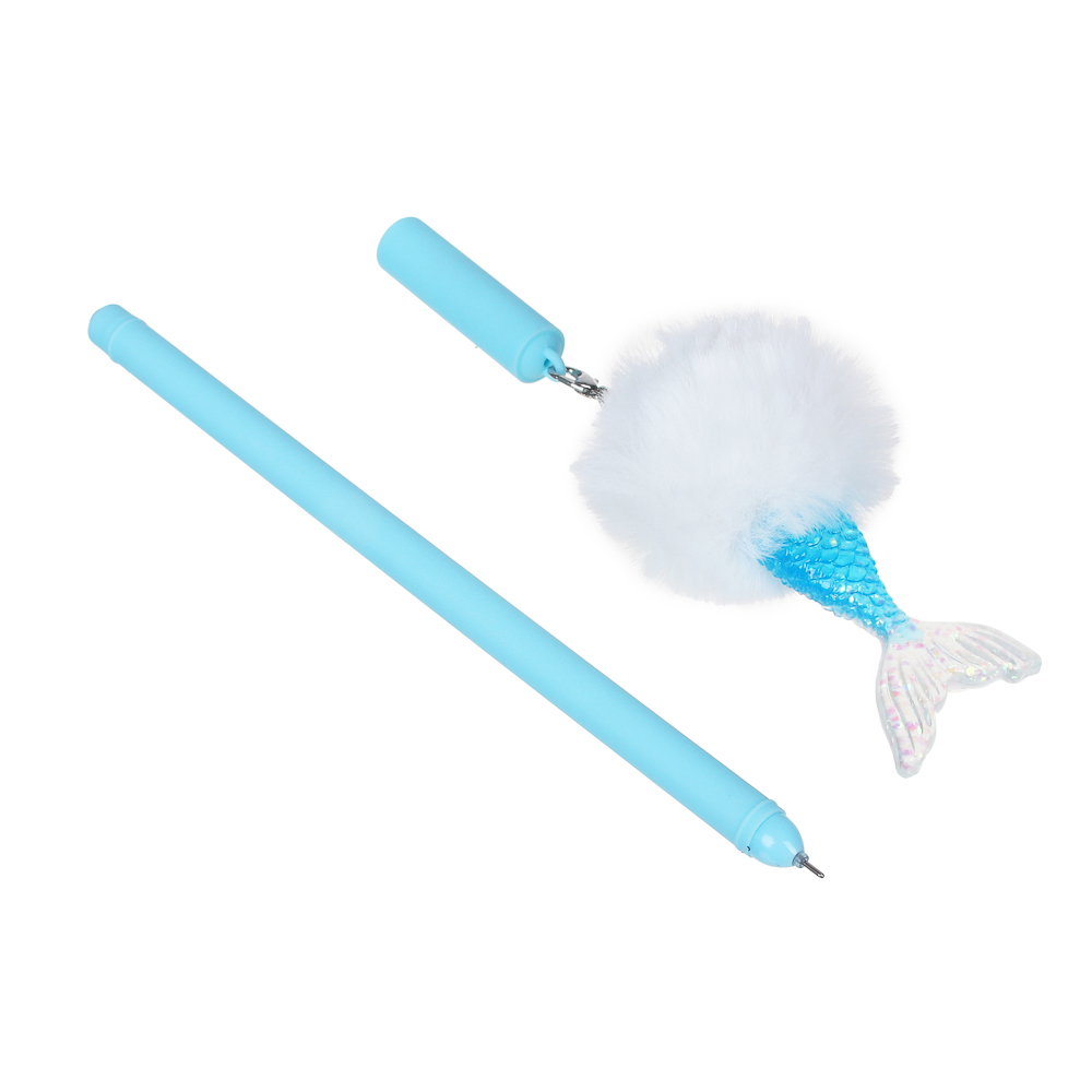 Ручка гелевая синяя, с подвесом в форме помпона и хвоста русалки, 0,5мм, 3 цвета, пластик, арт.№ 591-077