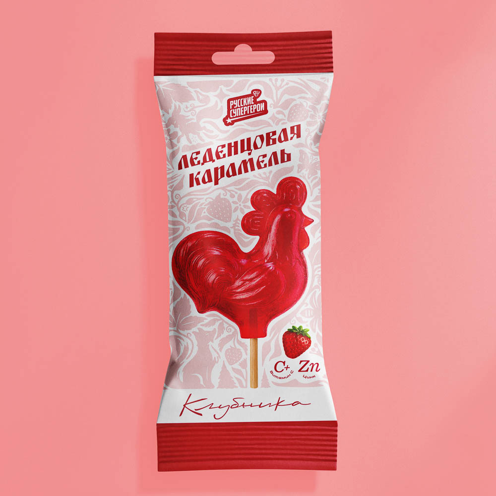 BY Русские Супергерои БАД Петушок Леденцовая карамель с цинком и витамином С со вкусом клубники, 17г, арт.№ 015-242