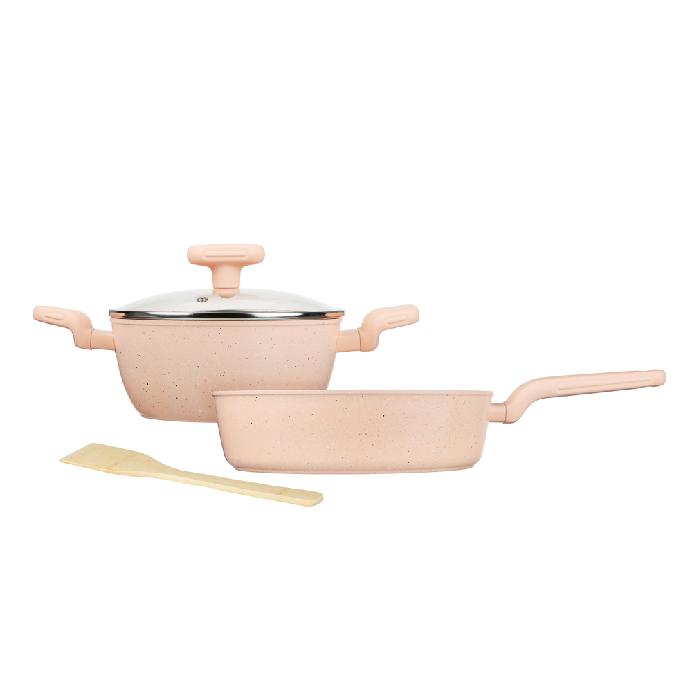 SATOSHI Эмери Набор 4 предмета сотейник 28 см, кастрюля с крышкой 20 см, антипригарное покрытие мрамор, индукция, с бамбуковой лопаткой, 3 цвета, арт.№ 846-743