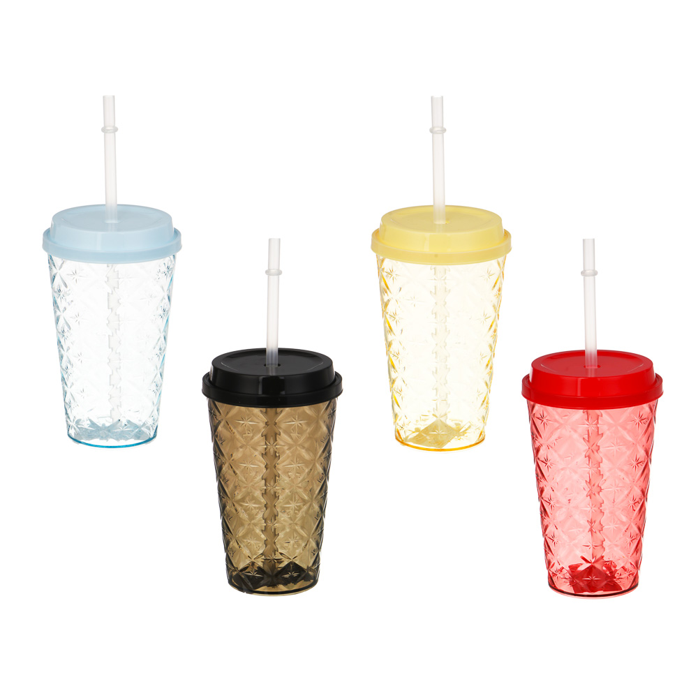 Стакан пластиковый Орра, с крышкой и трубочкой, 500мл, 4 цвета, арт.№ 861-588