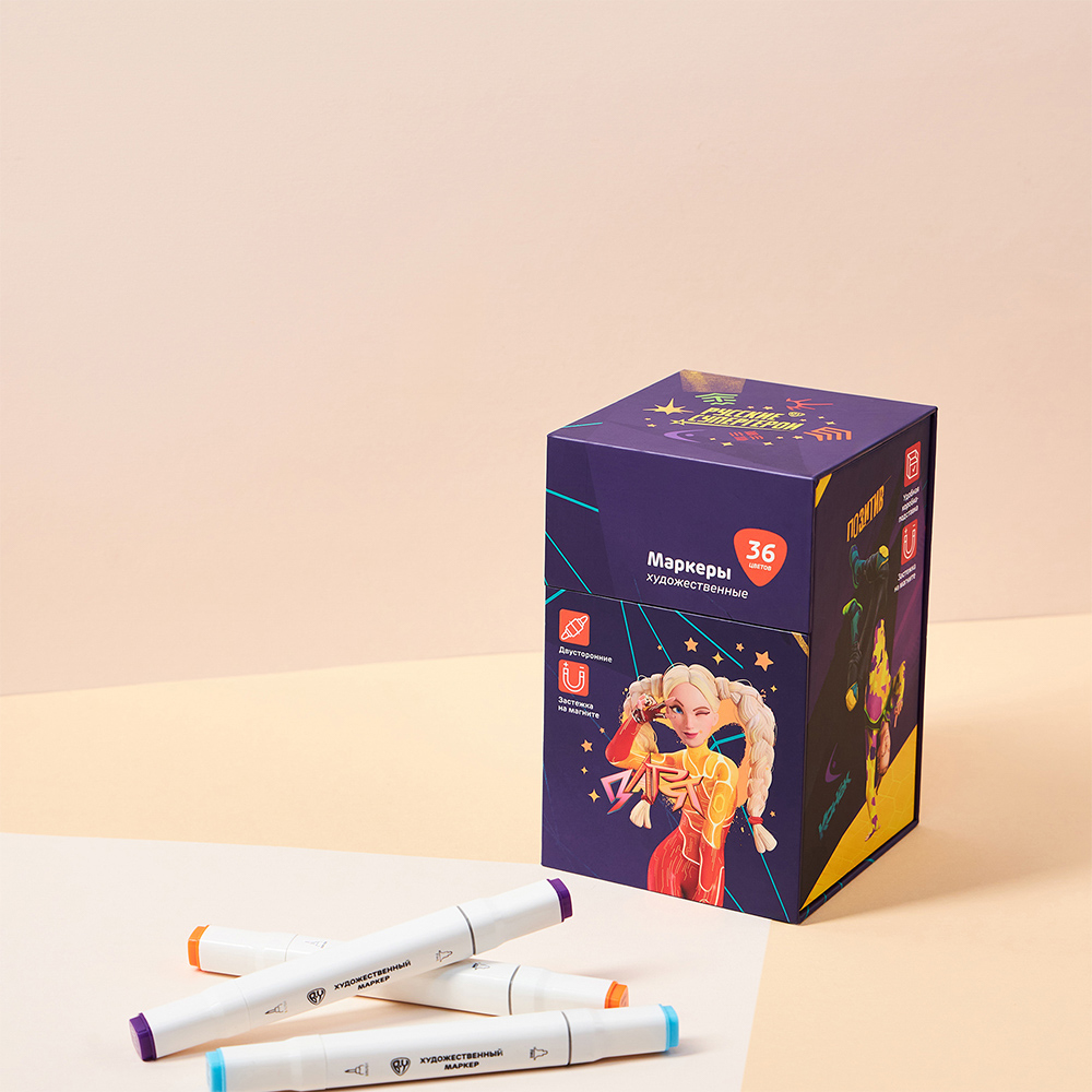 Маркеры худож. BY Русские Супергерои 36цв., 2-стор. (круг./кисточка), коробка-подставка на магните, арт.№ 801-042
