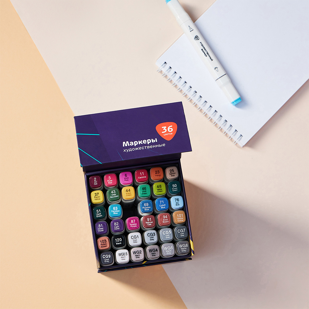 Маркеры худож. BY Русские Супергерои 36цв., 2-стор. (круг./кисточка), коробка-подставка на магните, арт.№ 801-042