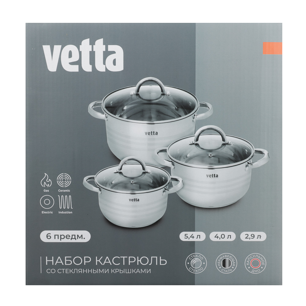 VETTA Фултон Набор кастрюль 6 пр. (2,9л+4,0л+5,4л) со стекл. крышкой, арт.№ 822-116