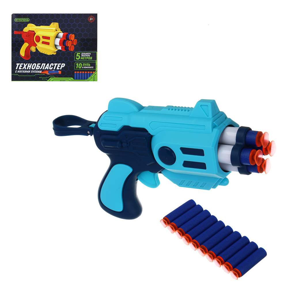 ИГРОЛЕНД Бластер "Техно", с мягкими патронами, 10 шт, ЭВА, ПП, 16,5х5,5х13 см, 3 дизайна, арт.№ 261-779