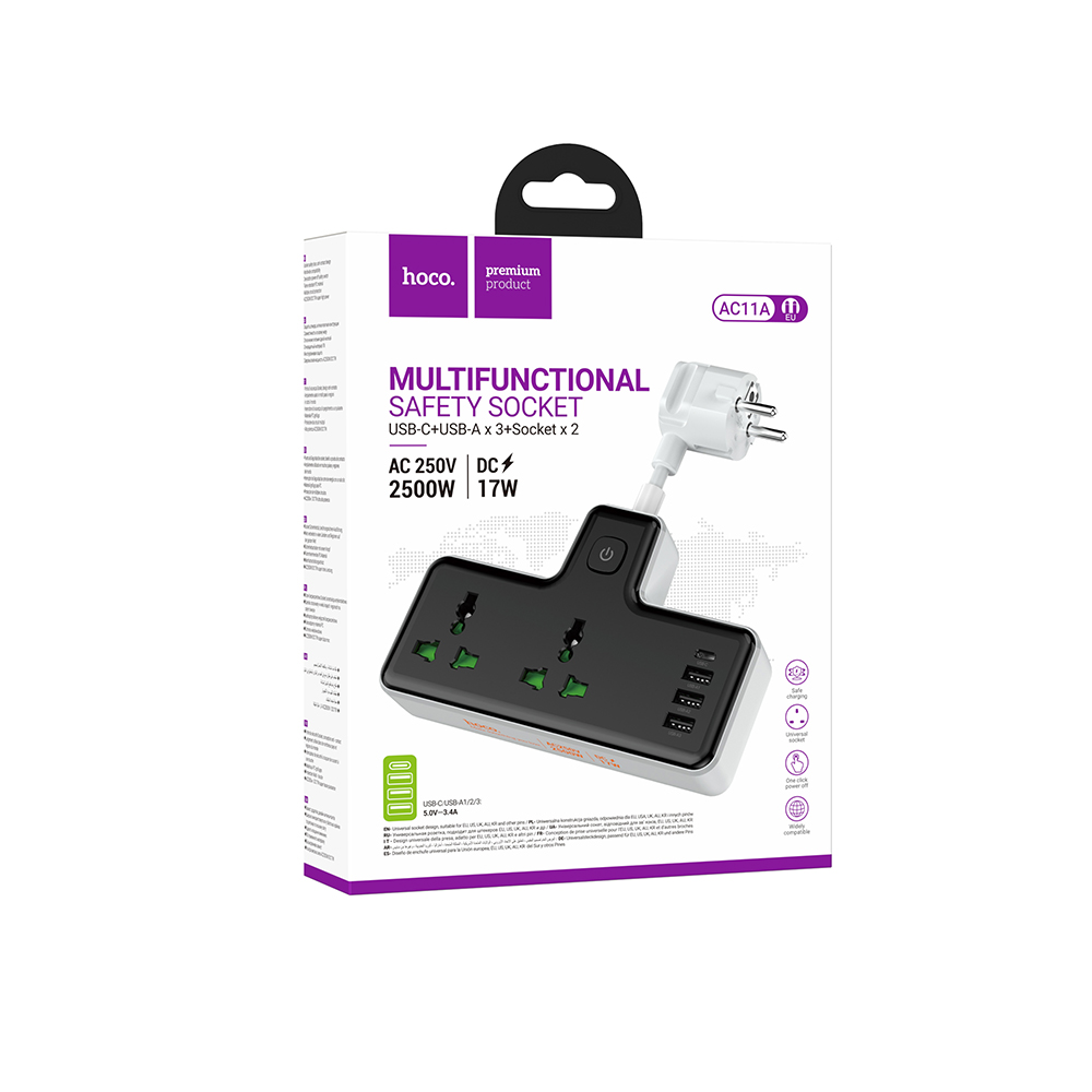 Разветвитель 2 гнезда hoco. модель AC11A, 10А, 250В, с функцией зарядки, черный, арт.№ 907-153