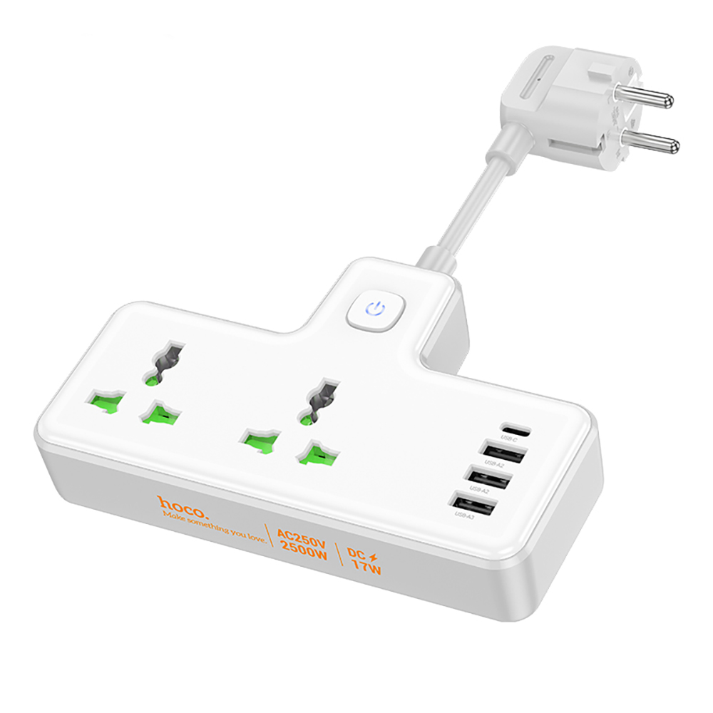 Разветвитель 2 гнезда hoco. модель AC11A, 10А, 250В, с функцией зарядки, белый, арт.№ 907-154