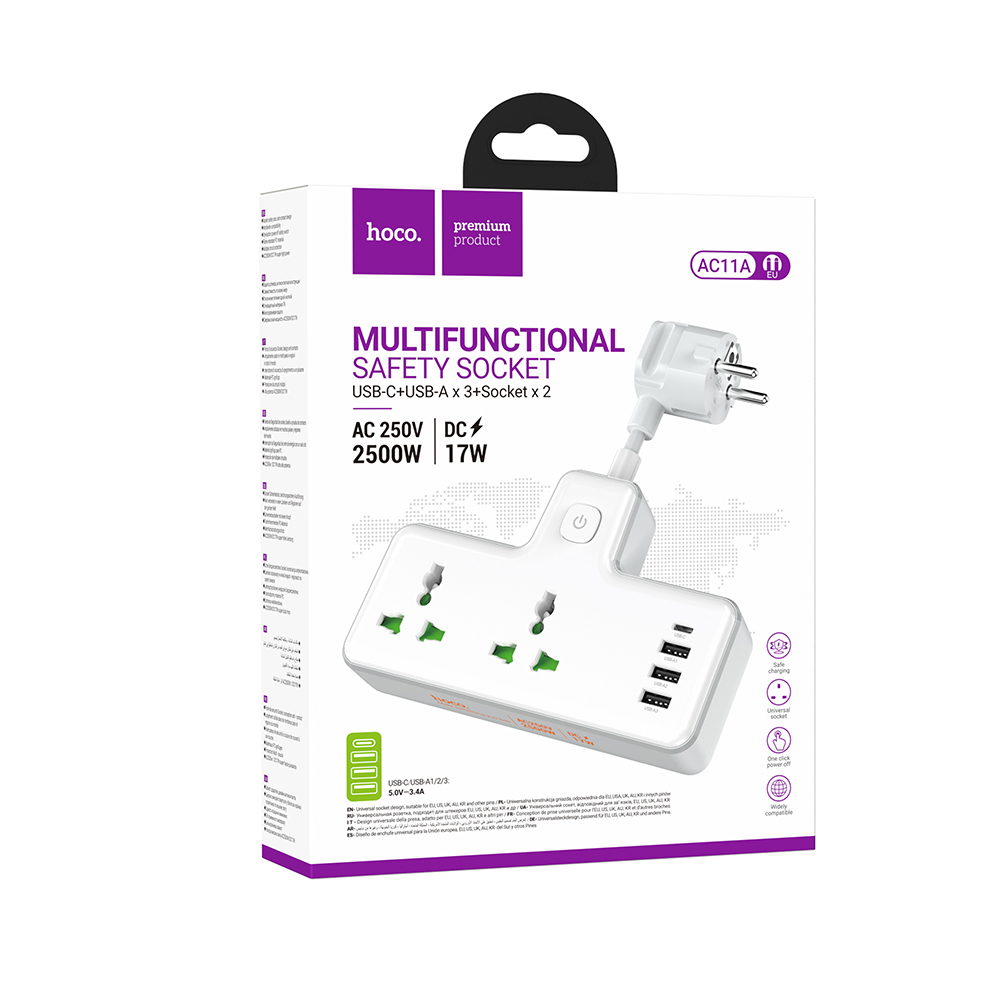 Разветвитель 2 гнезда hoco. модель AC11A, 10А, 250В, с функцией зарядки, белый, арт.№ 907-154