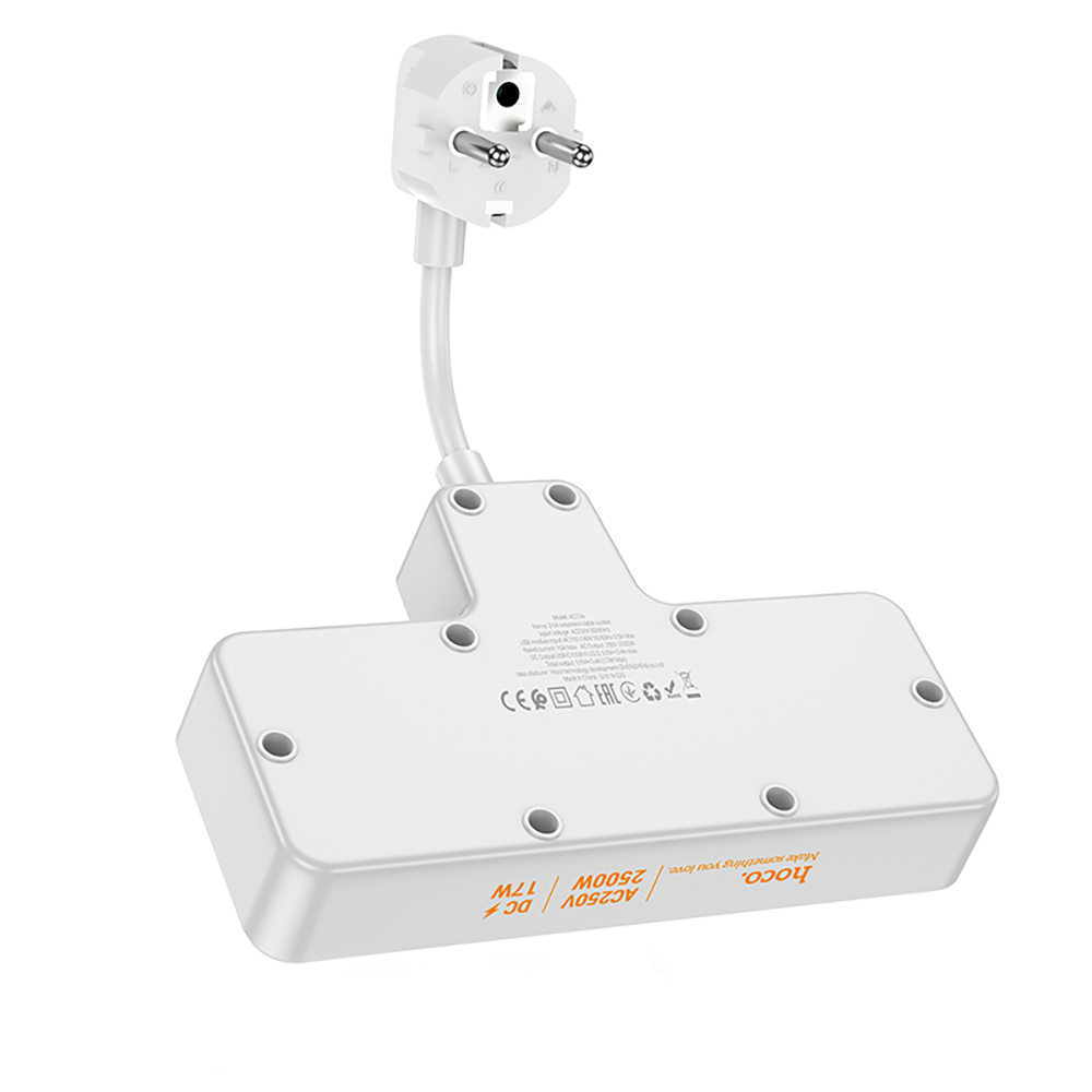 Разветвитель 2 гнезда hoco. модель AC11A, 10А, 250В, с функцией зарядки, белый, арт.№ 907-154