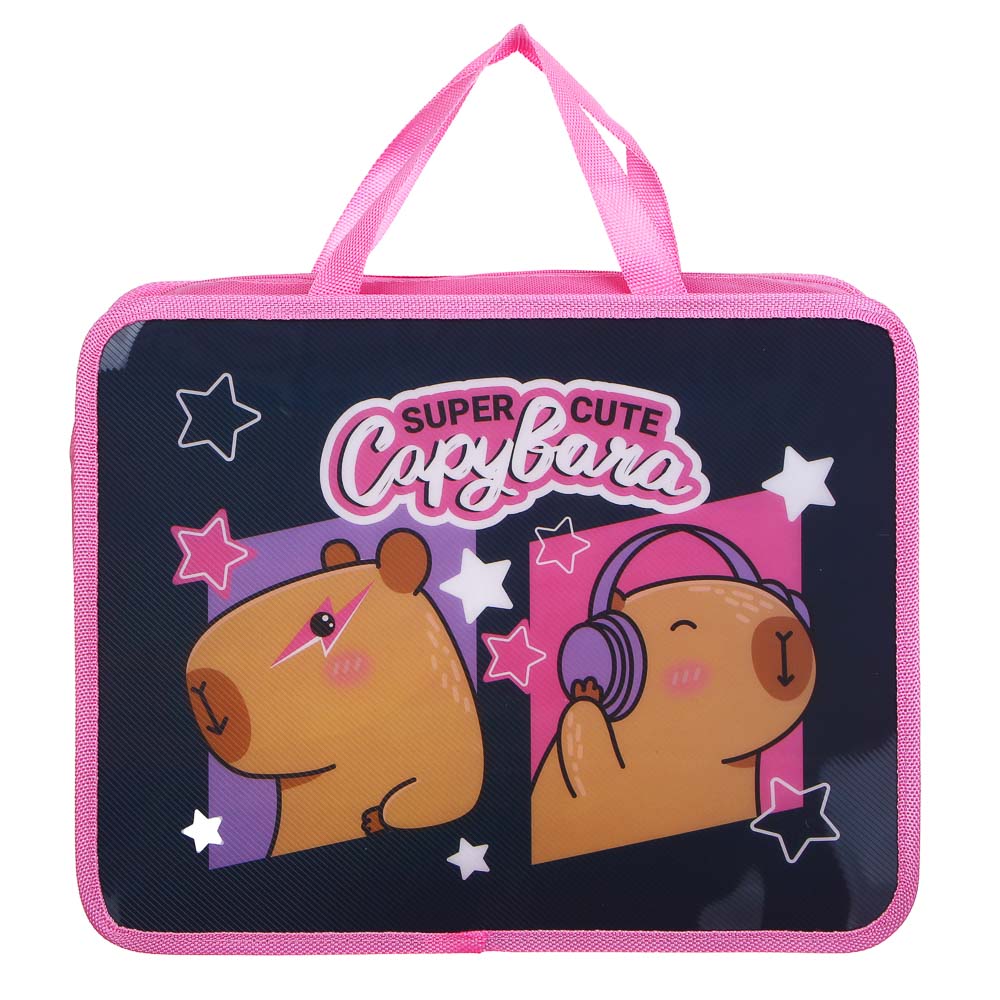 Папка для тетрадей А4, 33,5x26х10см, "Панда/Капибара/Рейсинг Тим/Футбол", на молнии, ручки, пластик, арт.№ 524-262