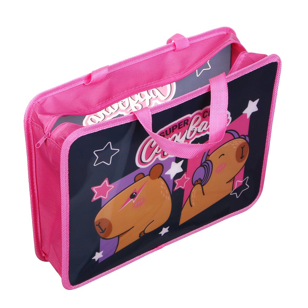 Папка для тетрадей А4, 33,5x26х10см, "Панда/Капибара/Рейсинг Тим/Футбол", на молнии, ручки, пластик, арт.№ 524-262