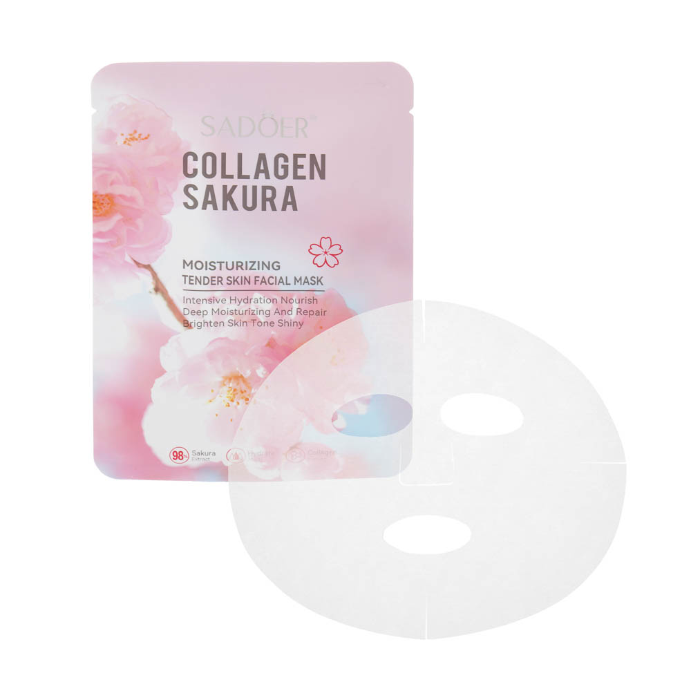 Набор масок для лица увлажняющих 10 шт с коллагеном и сакурой тм Sadoer, 10шт х 25гр, арт.№ 022-226