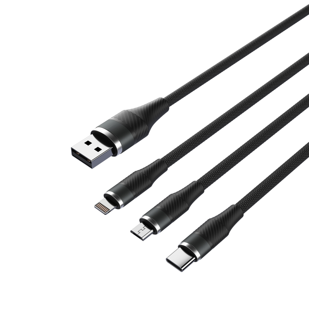 Кабель для зарядки 3в1 iP/microUSB/Type-C BY Motorsport, 1.5м, 2.4А, тканевая оплётка, пу, арт.№ 931-289