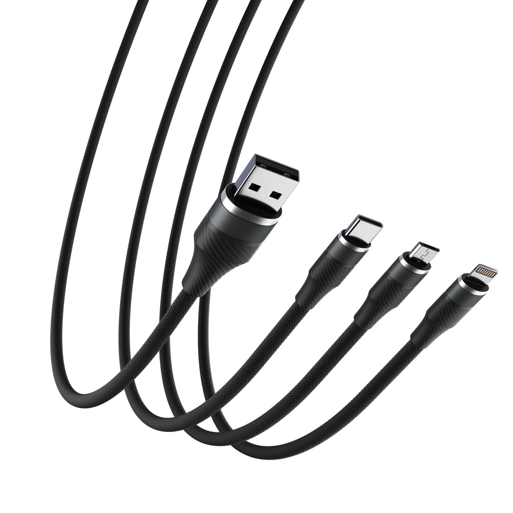 Кабель для зарядки 3в1 iP/microUSB/Type-C BY Motorsport, 1.5м, 2.4А, тканевая оплётка, пу, арт.№ 931-289