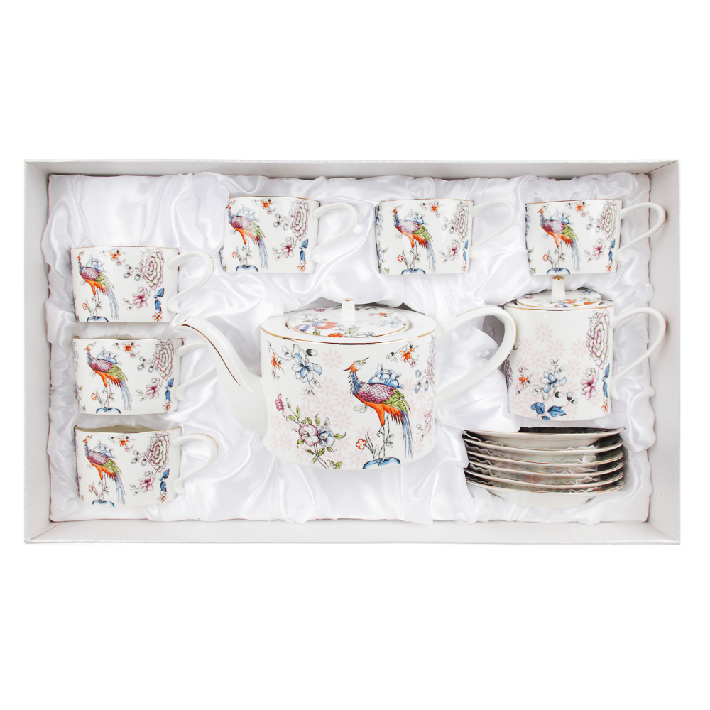 MILLIMI Райская птица Набор чайный 14 пр., чашка 270мл, чайник 1150мл, сахарница 450мл, кост. фрф, арт.№ 802-005