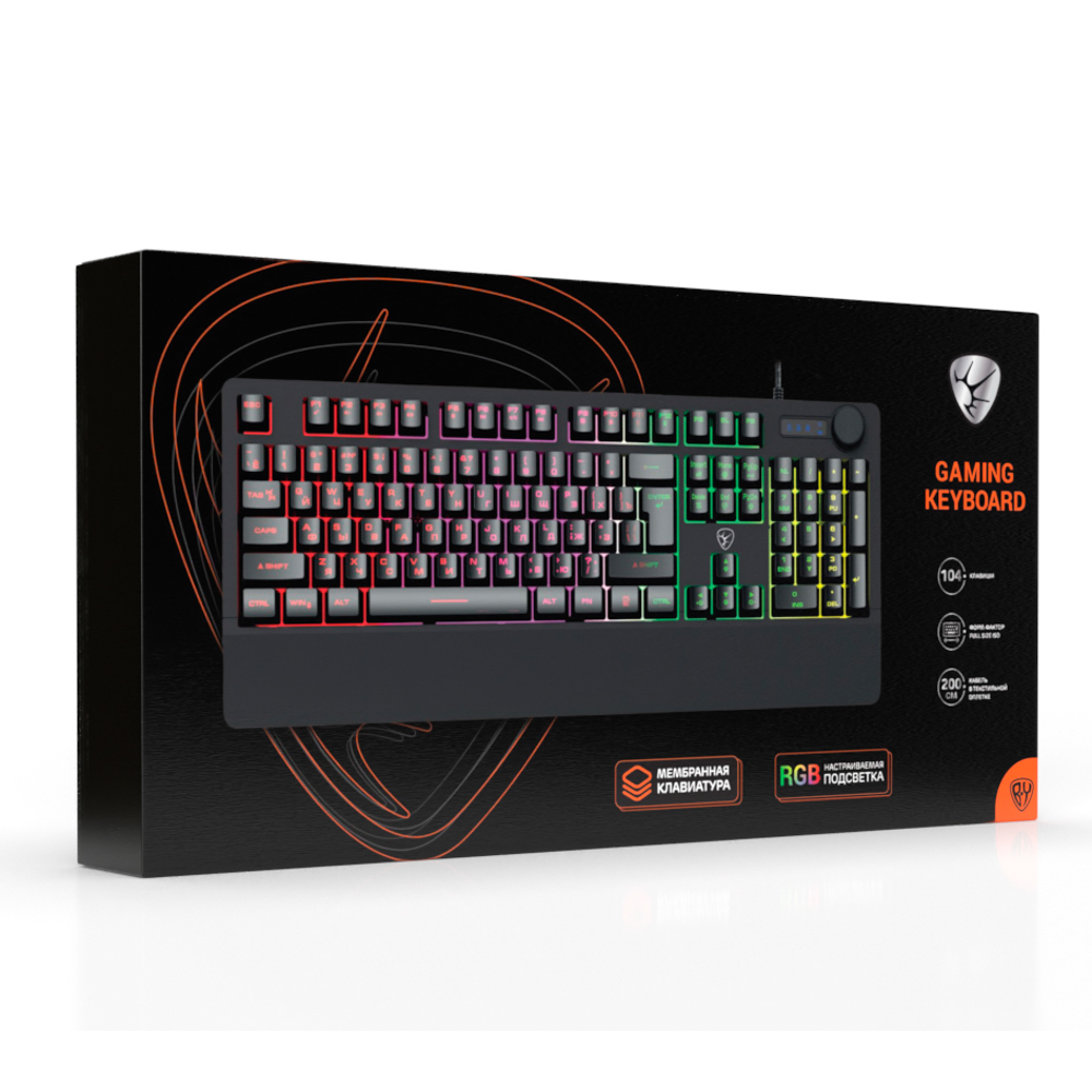 Игровая клавиатура проводная BY Rondache FULL SIZE ISO, мембранная, 104 кл., RGB, 2м, энкодер, арт.№ 405-071