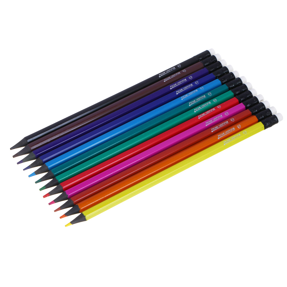 BY Русские Супергерои Карандаши 12цв. стираемые с ластиком "Кощей и Леший", шестигр., мягкое письмо, арт.№ 801-059