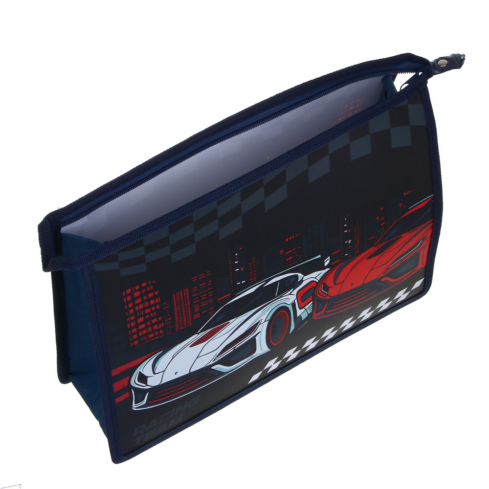 Папка для тетрадей, А4, 33х23,3см, "Рэйсинг Тим/Панда", расширение 10см, на молнии, пластик 0,4мм, арт.№ 524-264