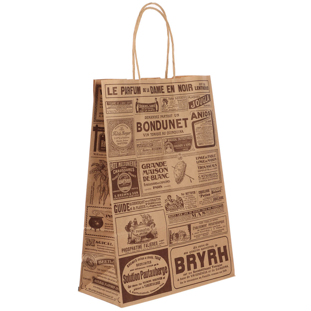 Пакет подарочный с кручеными ручками крафт L 24x10,5x32см, "Газета", в ассортименте, арт.№ 507-504