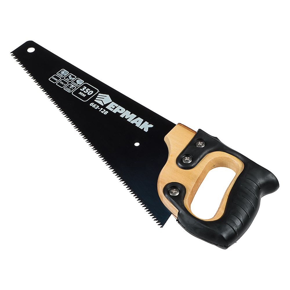 ЕРМАК Ножовка по дереву 350мм с деревянной обрезиненной ручкой, универсальный зуб, 4 мм, арт.№ 663-128