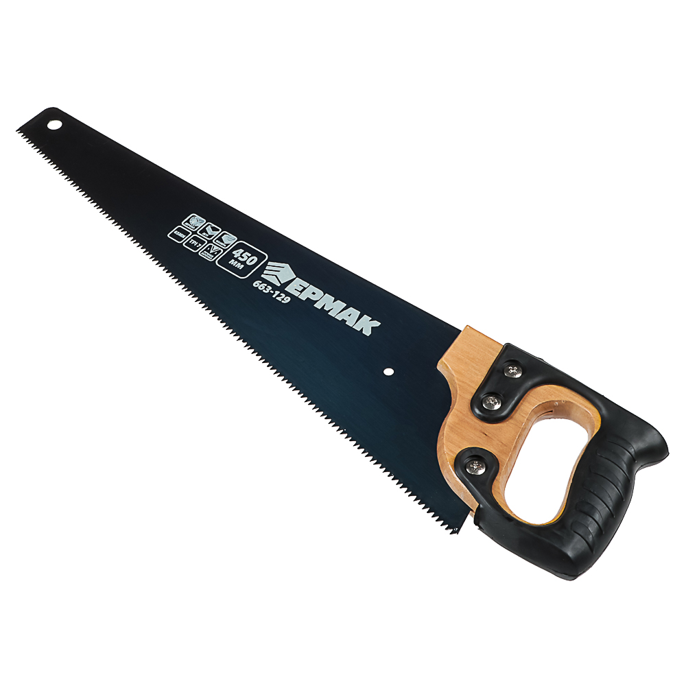 ЕРМАК Ножовка по дереву 450мм с деревянной обрезиненной ручкой, универсальный зуб, 4 мм, арт.№ 663-129