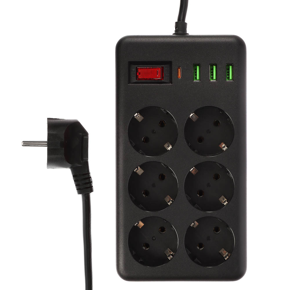 Удлинитель, сетевой фильтр 6 гнезд 3м BY Black, 3*USB, 1*type-C,выкл., 2500Вт,чёрный, арт.№ 907-275