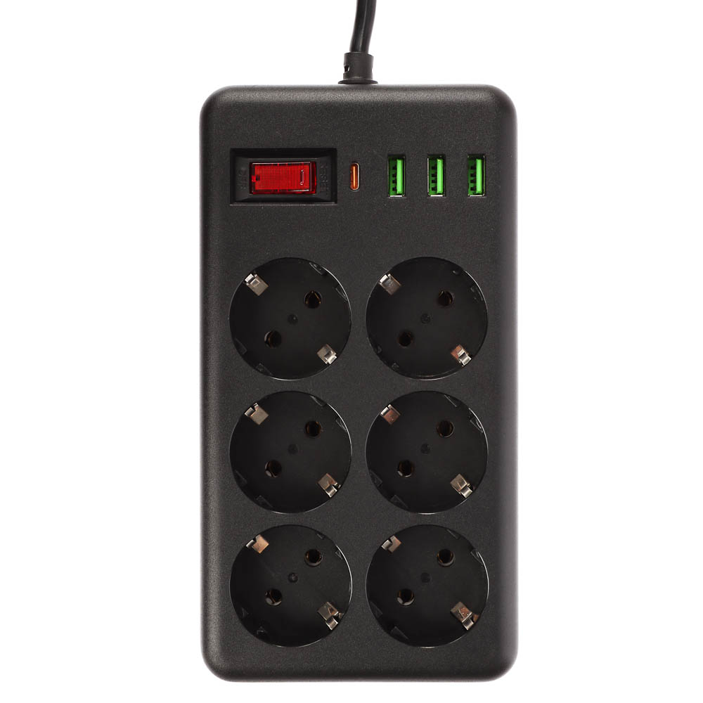 Удлинитель, сетевой фильтр 6 гнезд 3м BY Black, 3*USB, 1*type-C,выкл., 2500Вт,чёрный, арт.№ 907-275