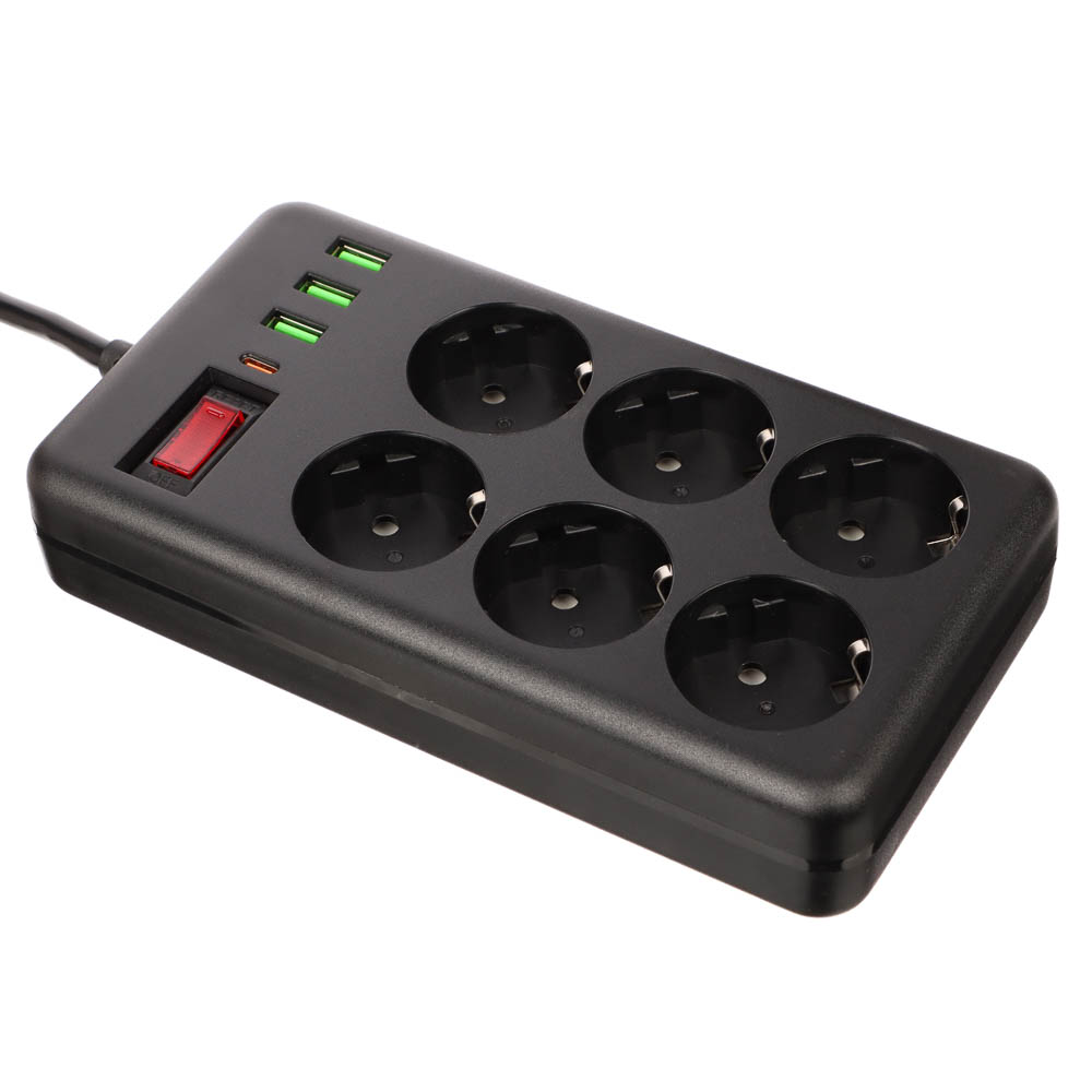 Удлинитель, сетевой фильтр 6 гнезд 3м BY Black, 3*USB, 1*type-C,выкл., 2500Вт,чёрный, арт.№ 907-275
