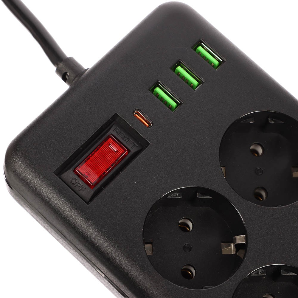 Удлинитель, сетевой фильтр 6 гнезд 3м BY Black, 3*USB, 1*type-C,выкл., 2500Вт,чёрный, арт.№ 907-275
