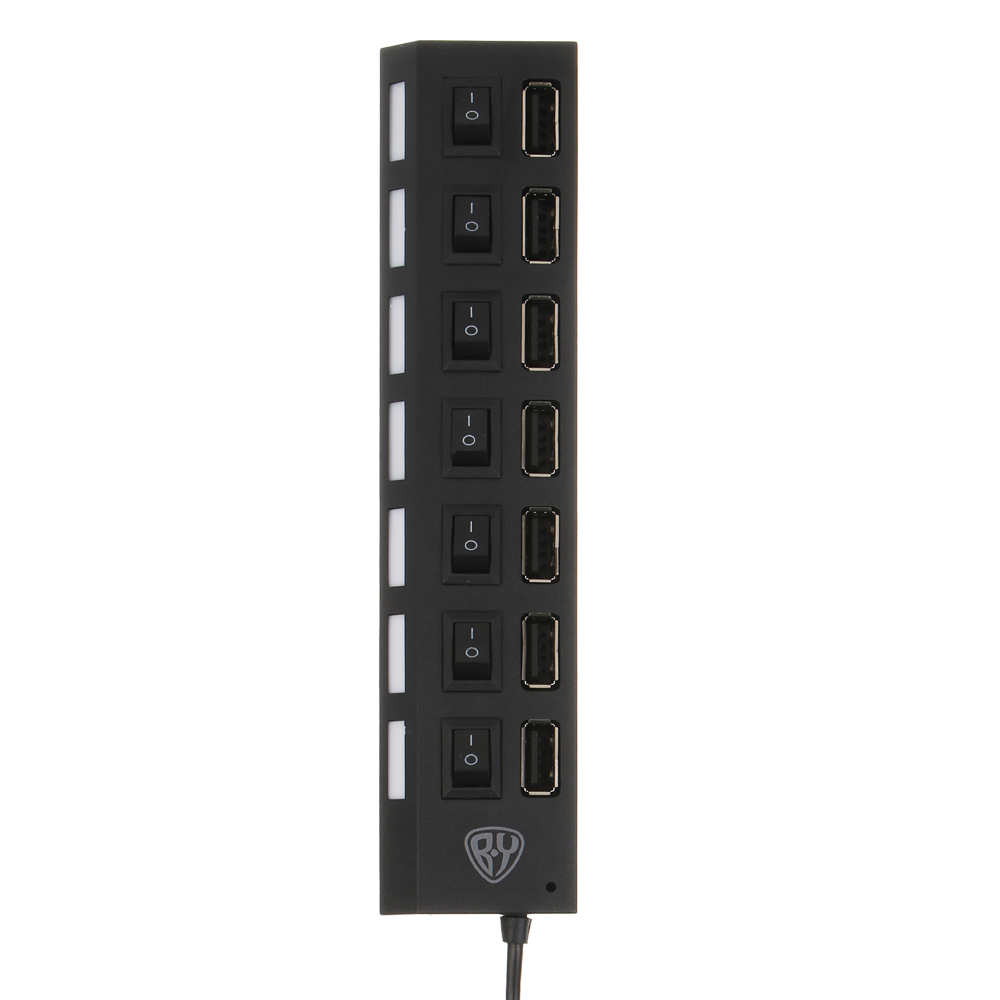 USB-хаб 7xUSB2.0 BY с выключателями, кабель USB(A) 15см, пластик, чёрный, арт.№ 405-107