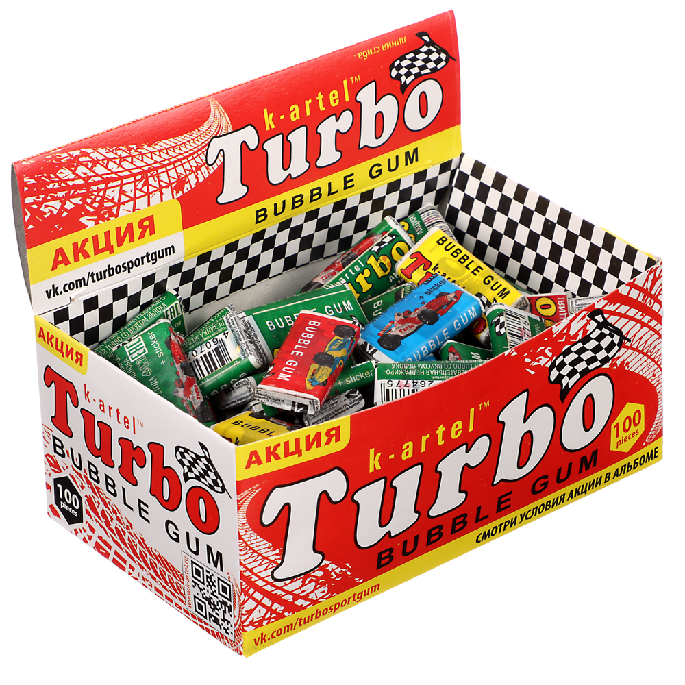 Жевательная резинка Турбо, ассорти со вкусами дыни, апельсина, персика и яблока, с наклейкой, 4,5гр, арт.№ 347-354