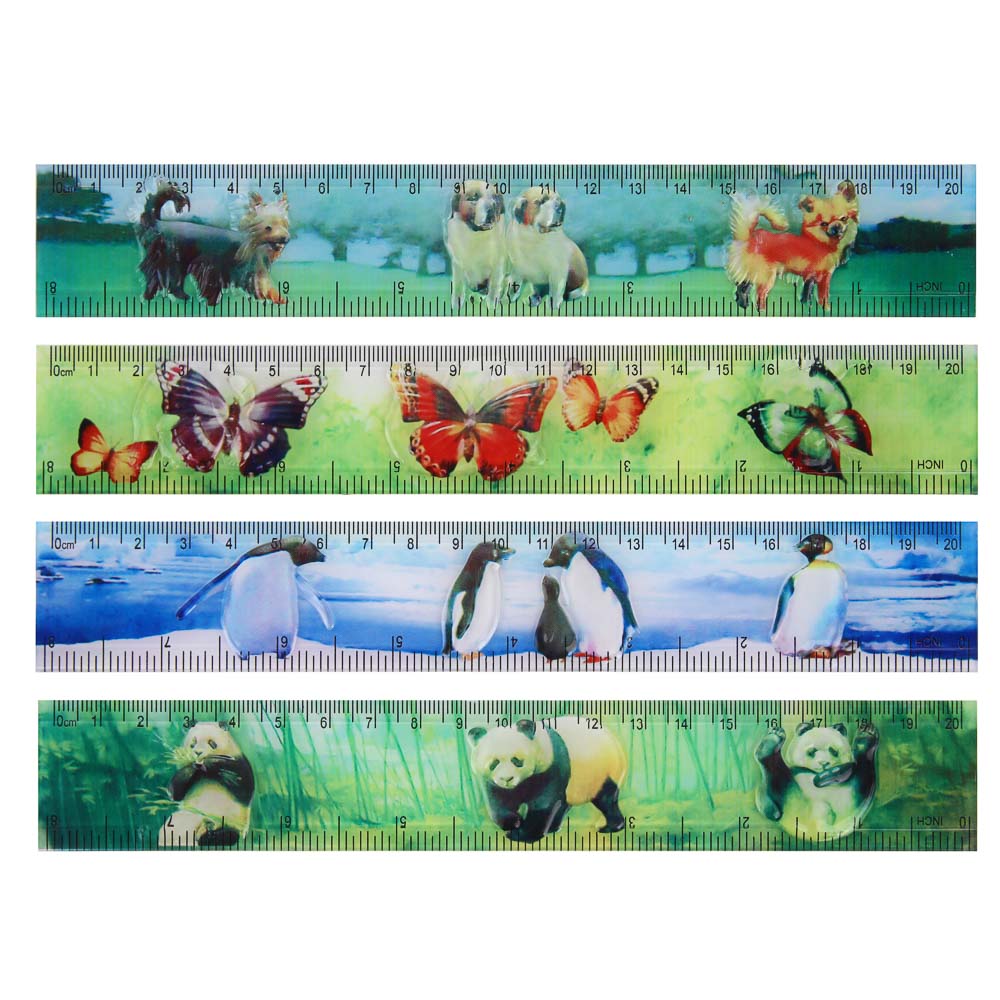 Линейка пластиковая FLOMIK 20см, с цветной печатью, 4 дизайна, пакет с подвесом, арт.№ 612-011