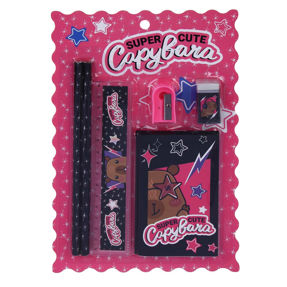 Набор канцелярский "Панда/Капибара", 6 предметов (2 карандаша, точилка, линейка, блокнот, ластик), 15,8х24,5 см, арт.№ 524-274