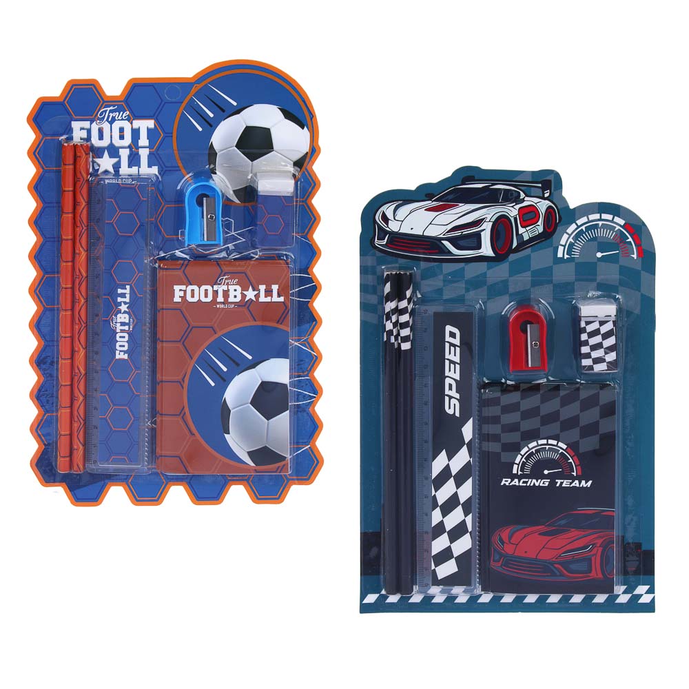 Набор канц., 6 пред,"Рэйсинг Тим/Футбол"(2 карандаша, точилка, линейка, блокнот, ластик),15,8х24,5см, арт.№ 524-275