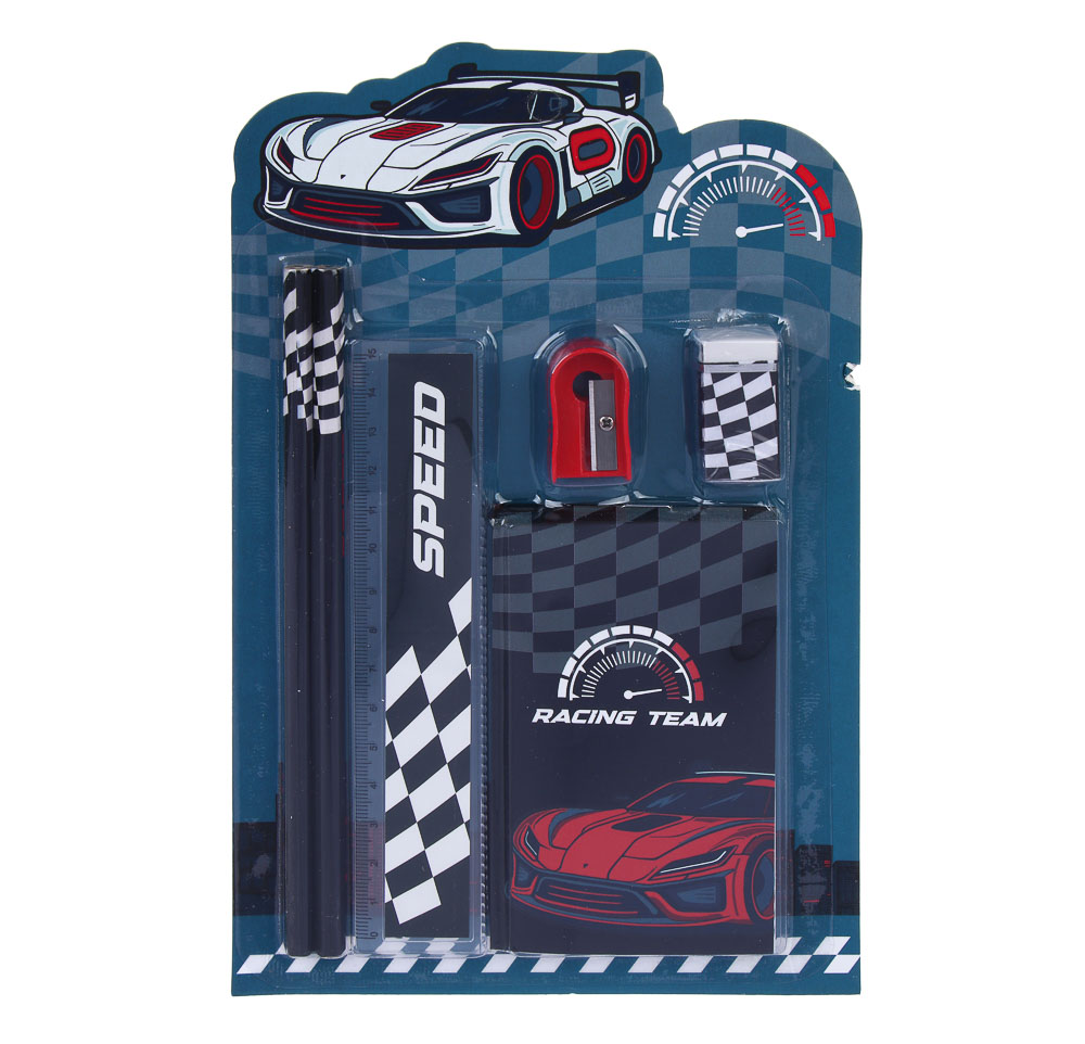 Набор канц., 6 пред,"Рэйсинг Тим/Футбол"(2 карандаша, точилка, линейка, блокнот, ластик),15,8х24,5см, арт.№ 524-275