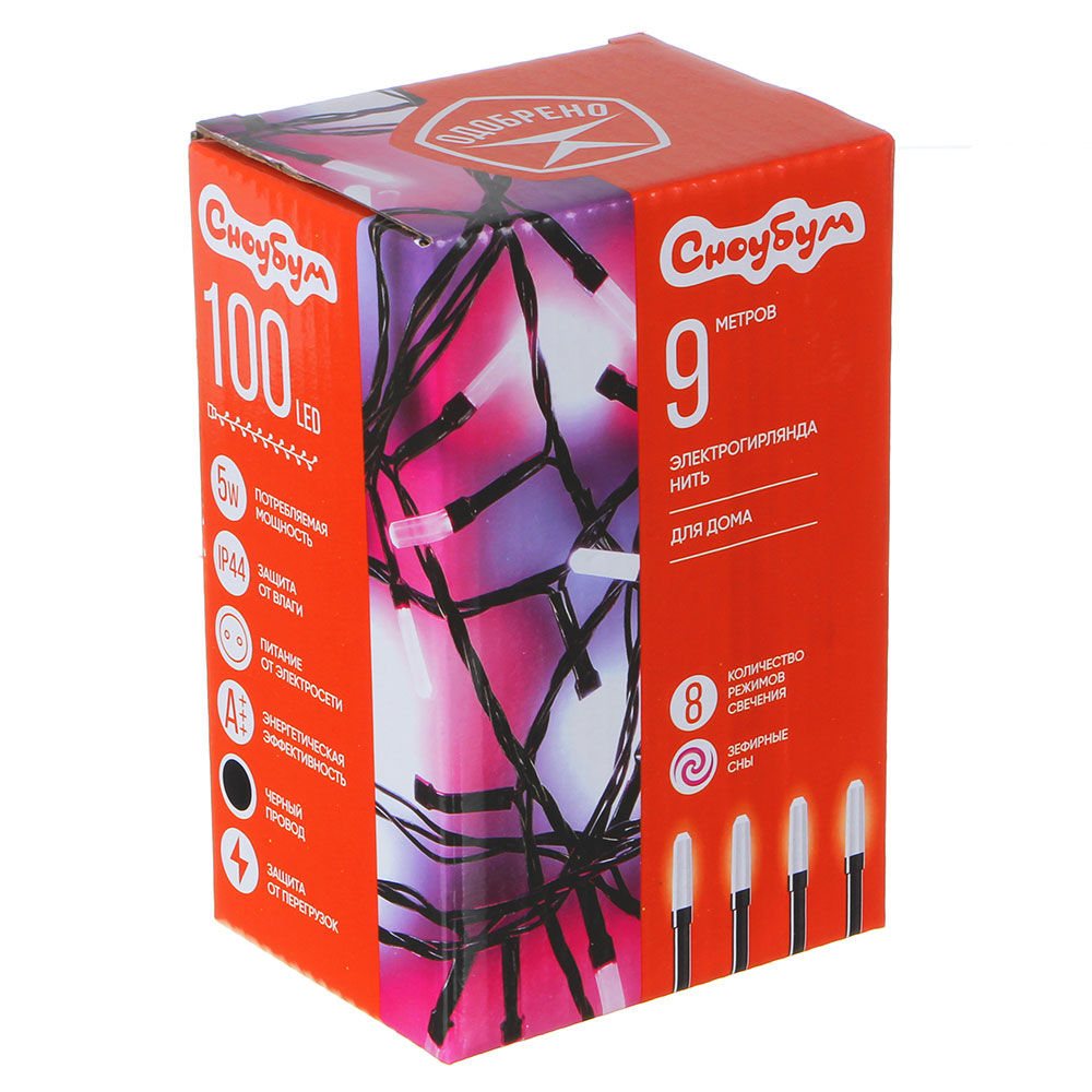 СНОУ БУМ Гирлянда электрическая вьюн 9м, 100LED-призма, "Зефирные сны", 8реж, ПВХ, чп, 220В, арт.№ 384-061