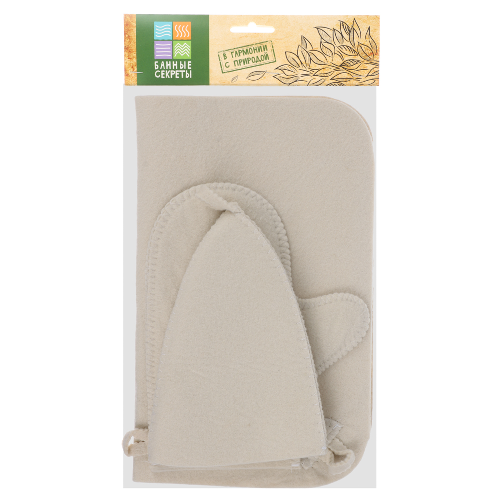 Набор банный 3 пр. (шапка, варежка, коврик) без вышивки, 30% шерсть, 70% полиэфир, 2 цв. белый/серый, арт.№ 364-175