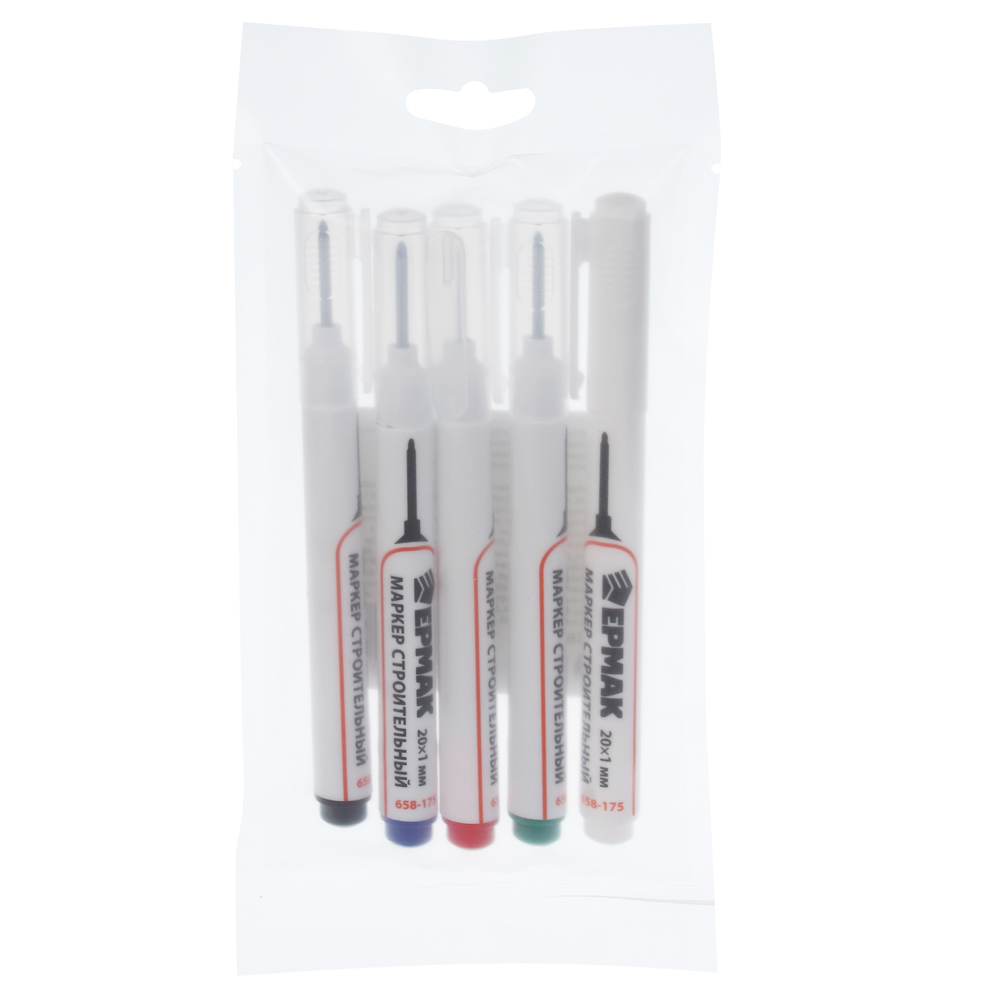 Набор строительных маркеров ЕРМАК (черный, зеленый, синий, белый, красный), стержень 20мм, d1мм, арт.№ 658-175