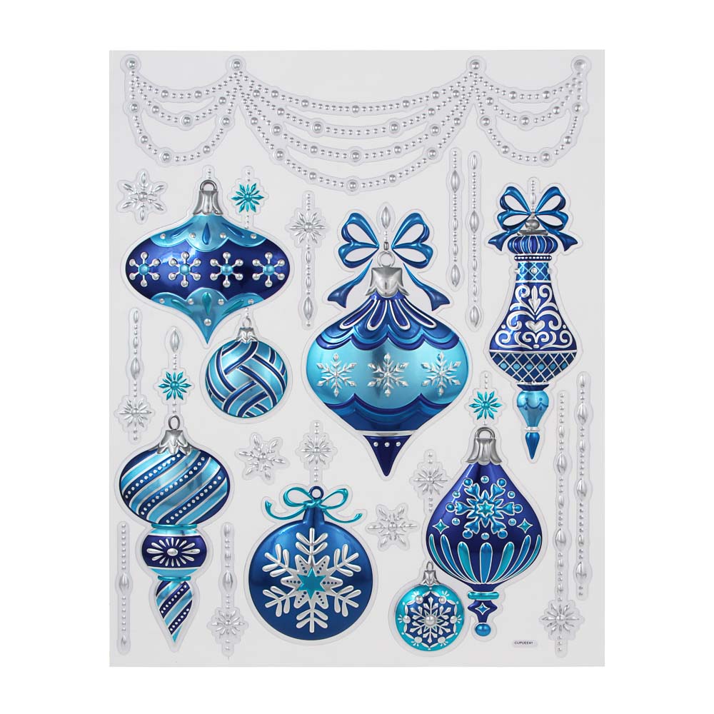 СНОУ БУМ Наклейка ПВХ "Украшения" 3D 30х38см, голографическая фольга, 4 дизайна, арт.№ 336-420