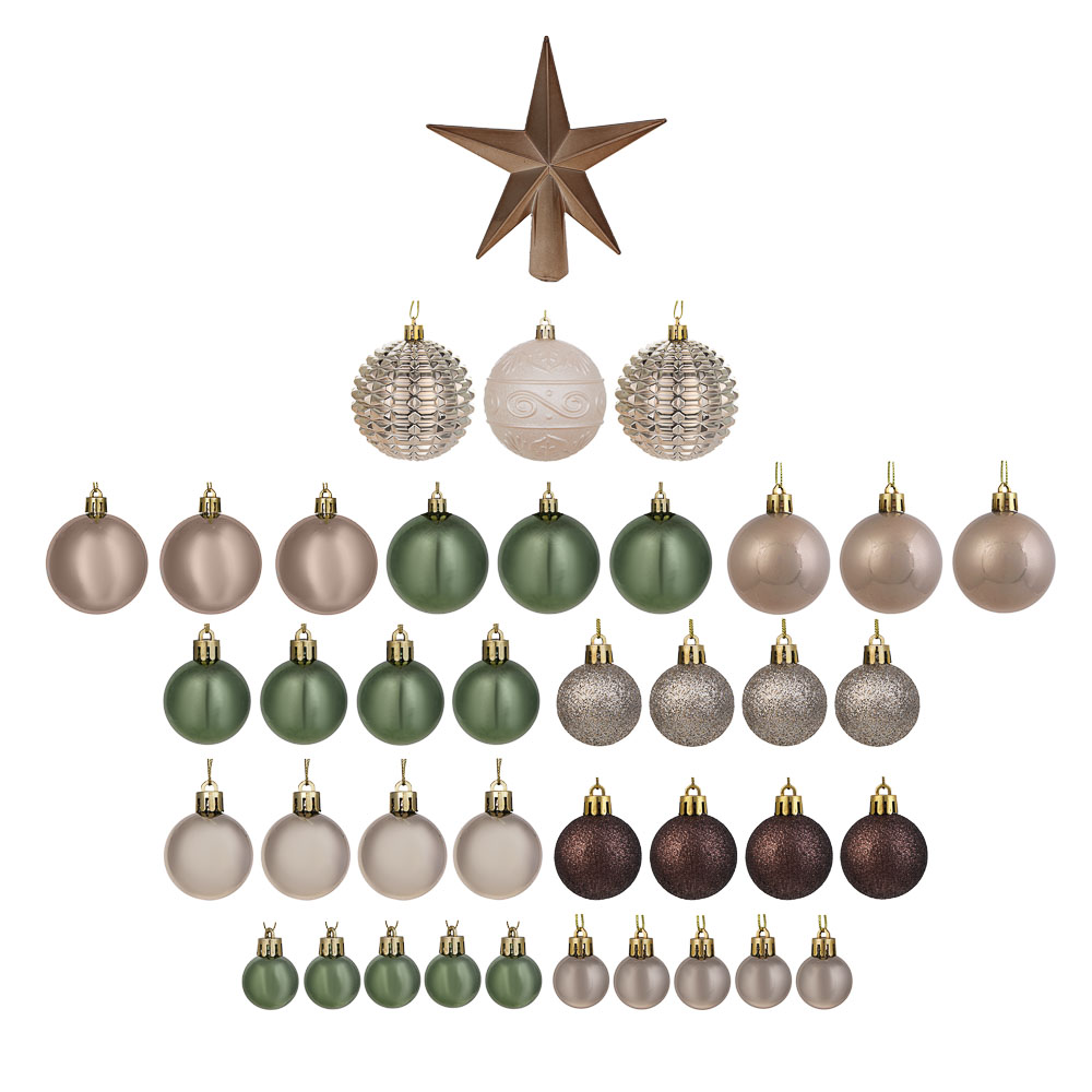 СНОУ БУМ Набор шаров и украшений, 39 шт, 3см, 4см, 5см, 8см, кофейный, зеленый, шампань, арт.№ 309-084