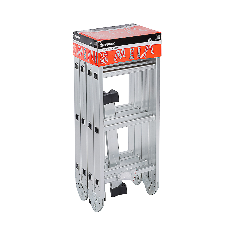ЕРМАК Лестница-трансформер (макс.нагрузка 150кг) алюминий, 4 секции по 3 ступени,4х3,профиль 1,2мм, арт.№ 624-101