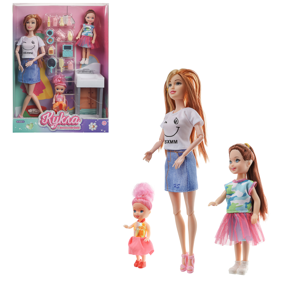 ИГРОЛЕНД Кукла шарнирная 28 см с дочками и акс., PVC, ABS, полиэстер, 23х6х32 см, арт.№ 436-179