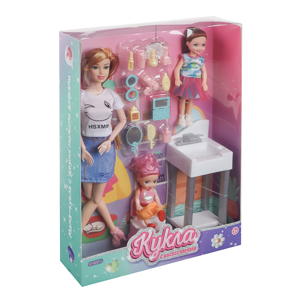 ИГРОЛЕНД Кукла шарнирная 28 см с дочками и акс., PVC, ABS, полиэстер, 23х6х32 см, арт.№ 436-179