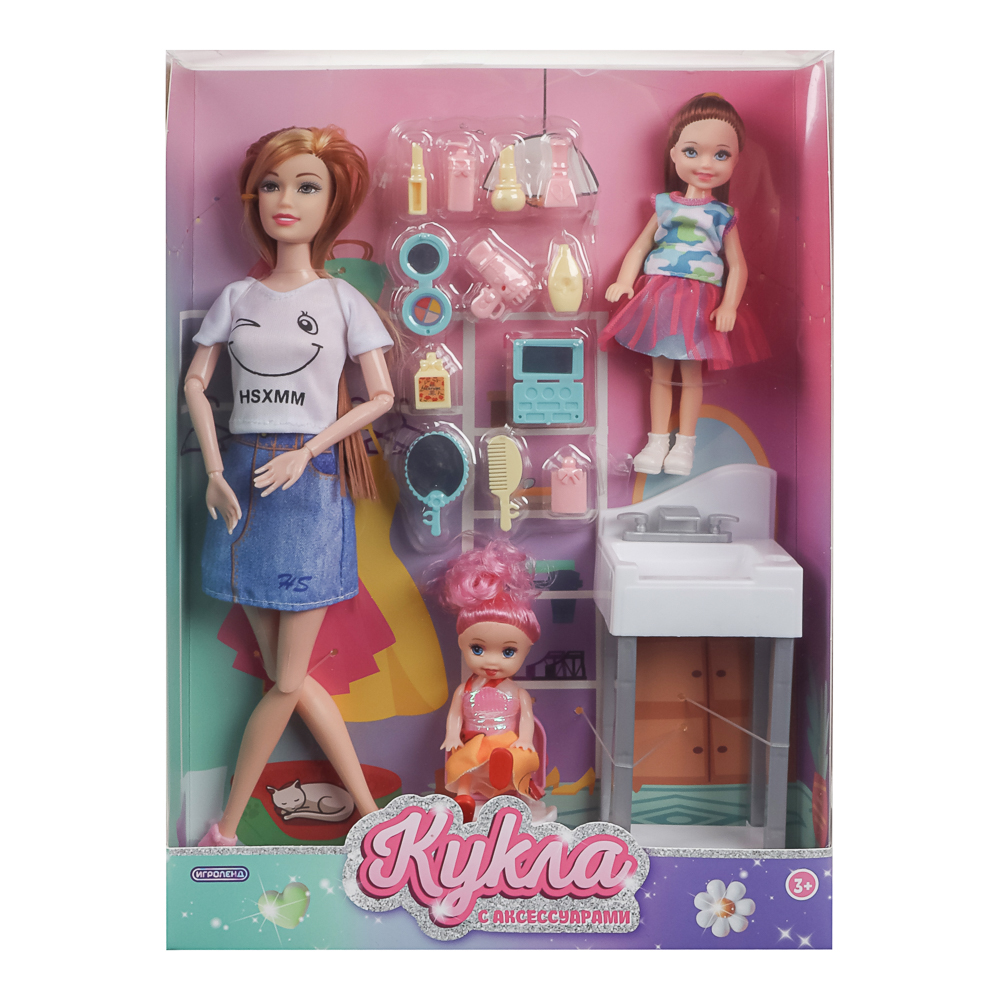 ИГРОЛЕНД Кукла шарнирная 28 см с дочками и акс., PVC, ABS, полиэстер, 23х6х32 см, арт.№ 436-179